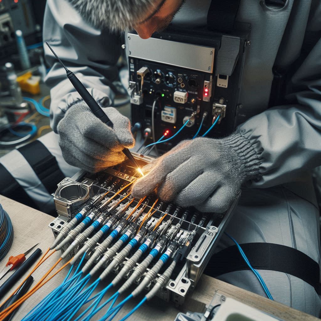 Fiber optic technician performing a fiber optic fusion splice.